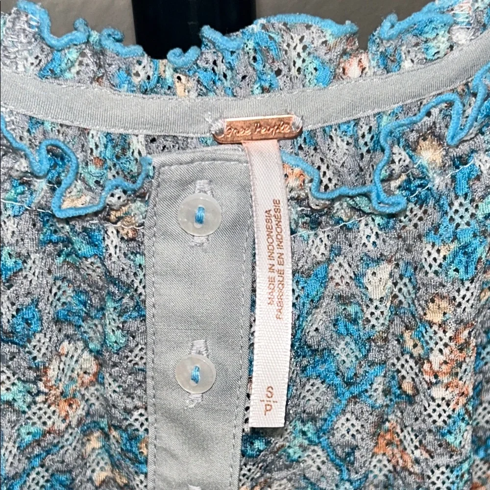 Free People Astra Peasant Teal and Peach Patterned Blouse S